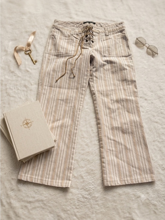 Theory Pants - Theory  Striped Capri Pants Lace-Up Beach Coastal Boho Size 6 Cream Green Pink